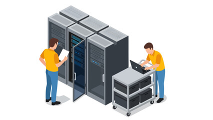 Two technicians in yellow uniforms collaborate on server maintenance, with one inspecting a physical rack while the other configures systems on a laptop cart