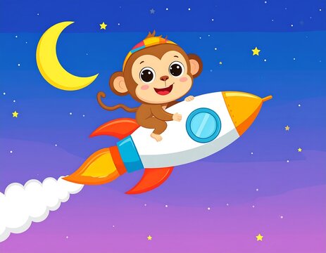 Cute monkey astronaut in rocket ship, night sky