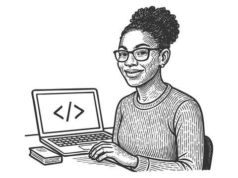 smiling woman with glasses coding on a laptop, ideal for tech, programming, or education themes sketch engraving generative ai fictional character raster illustration. Scratch board. Black and white.