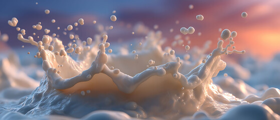 Milk splash frozen mid-air, macro droplets, clean soft-lit background