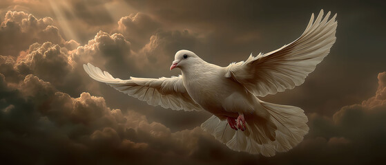 Peaceful dove flying over golden clouds with radiant light beams, symbolizing harmony in a serene atmosphere