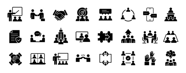Meeting icon set. Conference and team symbol. Vector illustration.