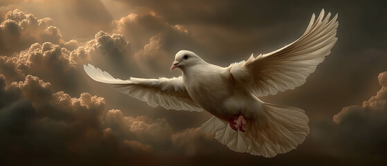 Obraz premium A dove flying over golden clouds with radiant light beams, symbolizing harmony and peace