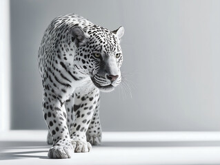 A hyper-realistic photo of a majestic jaguar in a white, minimalist studio setting, poised to leap with strength and elegance