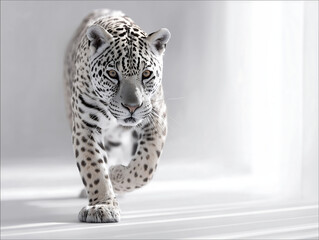 Fototapeta premium A hyperrealistic photo of a majestic jaguar in a white, minimalist studio setting, poised for a leap with strength and elegance