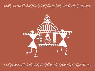 Traditional Indian ornament with religious theme in Sora style or Idittal. Warli Style Vector Illustration of Ritual Palanquin Procession with Sacred Idol. Hindu Festival Tradition.
