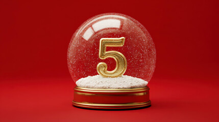 Snow globe with golden number 5 resting on snow against a vibrant festive red background. 12 days of christmas