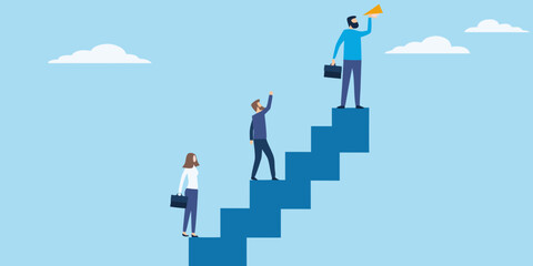 Business people climbing steps with one announcing success from the top