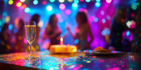 Celebration with champagne, colorful lights, and birthday cake in festive setting with guests enjoying the moment