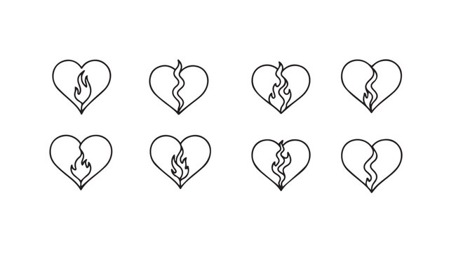 Collection of eight broken heart silhouettes with flames inside silhouette