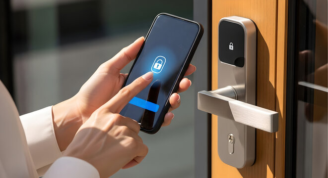Woman unlocking smart door lock with smartphone application. Concept of smart home security and keyless entry technology for modern living.