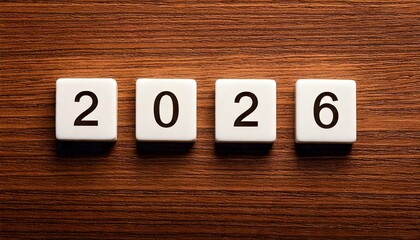 2026, numbers on white letter tiles isolated on a wooden background, new year, calendar, message, card, greeting, celebration, copy space for text