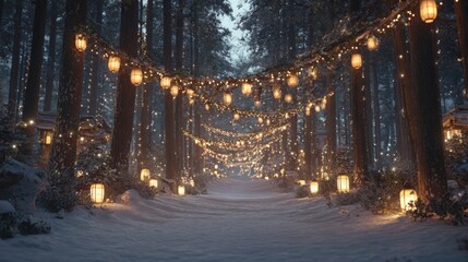 snowy pine forest pathway lined with glowing lanterns and garlands,