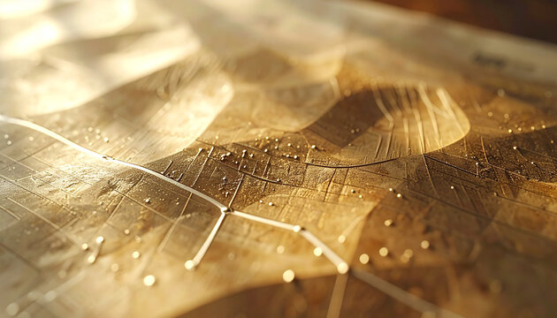 Topographical Map with Pins: A detailed close-up of a topographical map, marked with pins, catching the soft glow of natural light. Exploring landforms and detailed information of a land.