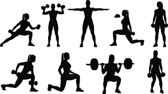 Fitness workout women silhouette with dumbbells, barbell training, strength exercise poses, gym workout routine, healthy lifestyle, fitness training motivation - Powered by Adobe