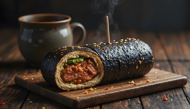 Rustic Spam Musubi on Dark Wood Table. musubi