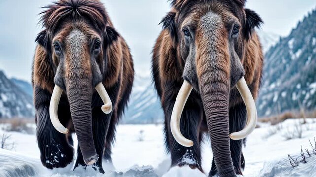 Ice age mammoths walk in the snow and beautiful winter mountain landscape
