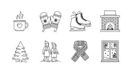 Collection of winter holiday icons and symbols in a simple line art silhouette style