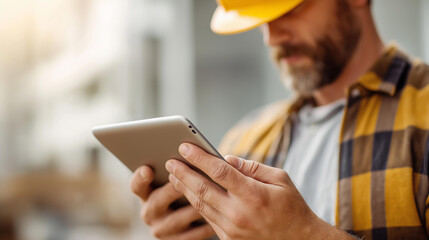 Faceless construction worker using digital tablet at jobsite, technology integration on site, mobile device management, civil engineering digital tools, modern construction methods