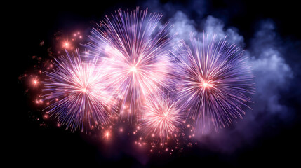 A fireworks display with three large fireworks in the middle