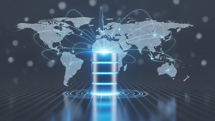 Global data connectivity shown by a glowing server and fiber optic lines radiating across a digital world map, illustrating worldwide network infrastructure and data flow.