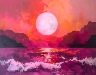 Sunset, moon over the sea with waves, reflections in warm colors pink, red, orange tones, watercolor, fantasy, 
