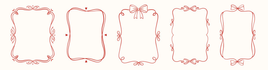 Obraz premium Hand drawn romantic border collection with bows and flowing lines. Delicate red outline frames in feminine vintage style for valentines, wedding cards, menus, labels and charming stationery designs