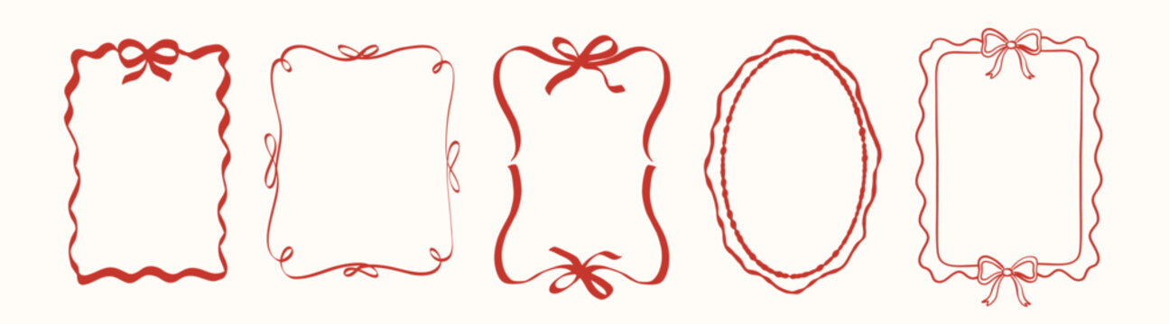 Hand drawn romantic frames set with bows and whimsical lines. Elegant red outline borders in coquette and vintage style. Decorative vector frames for valentine cards, wedding invitations, menu design