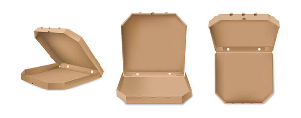 Cardboard pizza boxes and packages, empty open containers for food delivery and takeaway. Vector realistic style, pizzeria advertisement, pack for snacks and fastfood transportation and order