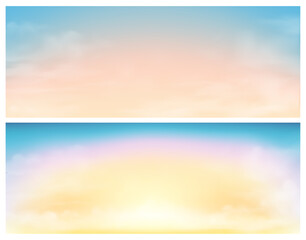 Fototapeta premium Soft clouds at sky. Vector realistic style, puffy cloudy sunny rays and light on heaven. Start of new day, dawn morning landscape scenery design. Set of gradient blurry colors with clouds