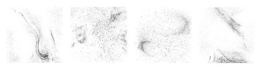 Fototapeta premium Grainy splashes with realistic dust effect, powder or sand traces set. Vector isolated dot particles marks on surface, grungy stardust item for art, home decor and design of typography