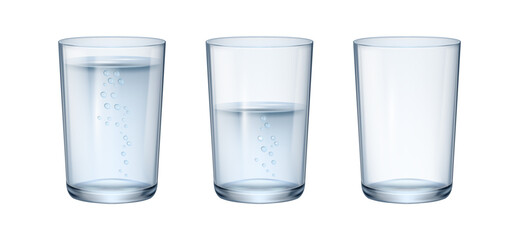 Glasses with liquids set. Vector isolated full, half filled and empty glassware. Realistic aqua with bubbles poured in dishware. Organic and natural freshwater, H2O ingredient in tumblers