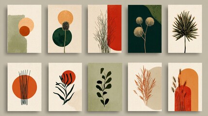 Minimalist botanical abstract art collection with modern earthy tones