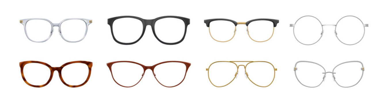 Eyewear plastic and metal frames for sunglasses or eyeglasses. Vector isolated collection of wireframes for men and women. Realistic structural parts of spectacles to hold lenes. Eyes protection