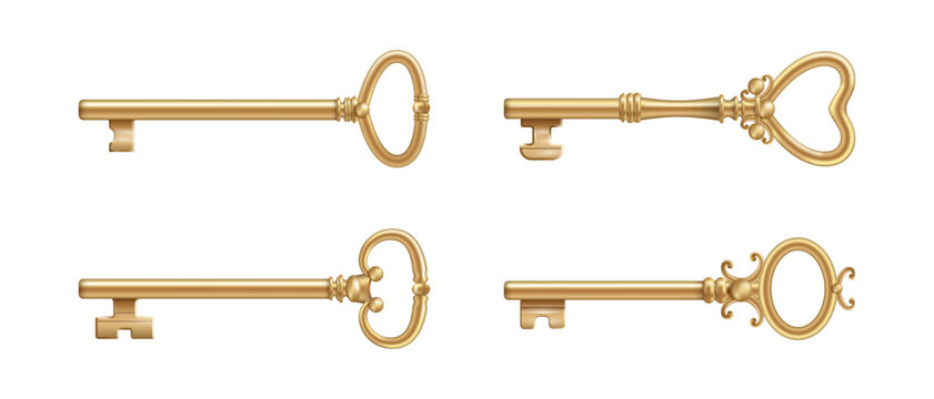 Crafted vintage golden keys set, isolated small shaped metal devices intricate engravings. Vector realistic gold lockpicks collection. Old luxurious escape room passkeys. Door open symbols