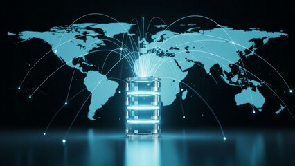 Digital server sending data streams across a blue world map network on a dark background, symbolizing global data flow and connectivity.