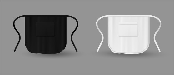 Waist aprons set, isolated chef kitchen uniform mockup. Vector realistic protective apparel for waiters or restaurant staff with front pockets and strings. Cafe or barbecue party garment