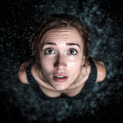 Woman looking up surrounded by water droplets while wet hair falls on shoulders, showing expression of surprise and wonder in dim light setting