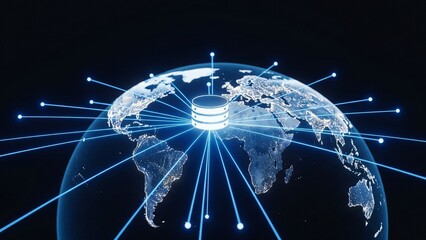 Central server on a glowing earth globe distributing blue light lines globally, symbolizing core data communication and worldwide network connectivity on a dark background.