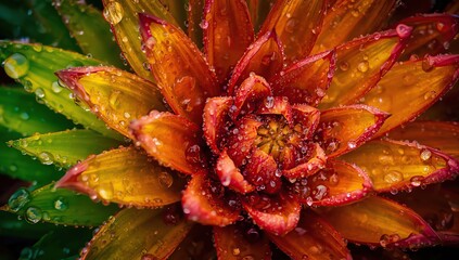 Macro photograph of vibrant red, yellow, and green plant leaves covered in fresh water droplets