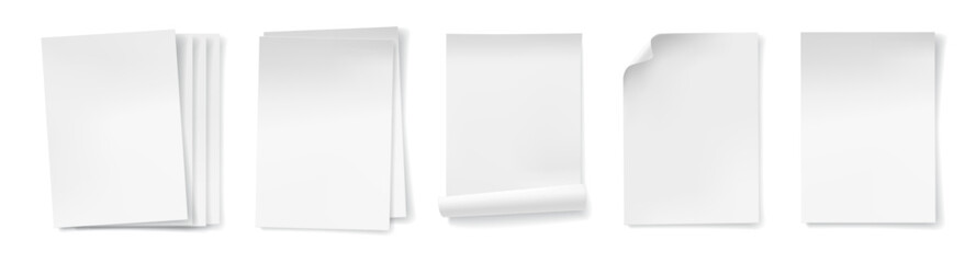 A4 sheet of papers with curved corners. Vector realistic set of pages curl or bent edges of empty documents. Empty rounded folios or written materials. Curvilinear pages or clean blanks