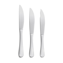 Formal meal setting knives, realistic set of silverware. Vector blades for salad, dinner and butter, fish and steak. Chopping and slicing food device while eating. Metal cutlery collection