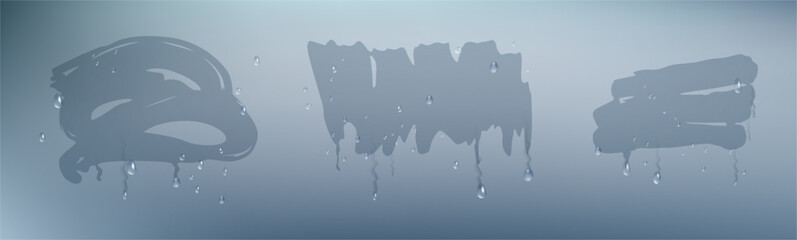Obraz na płótnie Canvas Wiped misted glass or mirror. Vector realistic, misty surface with condensation or vapor from bathroom. Window at winter, liquid drops falling down. Wipe stains made by hand or fingers