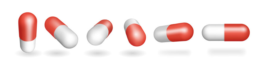 Treatment of sickness with pills and capsules. Vector in 3d style, isolated set of medicine prescribed by doctor. Painkiller or antibiotic, vitamins of supplements for daily ratio, medication