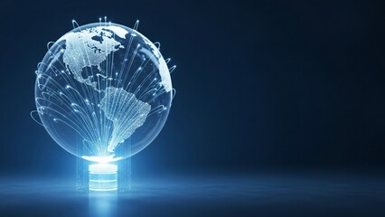 Server base illuminating a detailed wireframe globe, data streams flowing upwards from the base, representing global cloud data and secure digital services.
