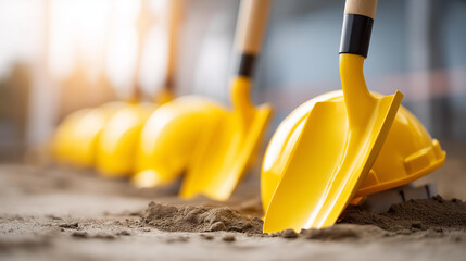 Construction site groundbreaking ceremony with shovels and hardhats, industrial background, project commencement event, civil engineering milestone, building development initiation