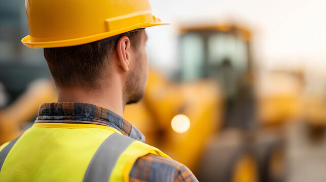 Faceless construction worker wearing hardhat and safety vest observes heavy machinery at construction site, industrial safety protocols, equipment supervision, civil engineering mo - Powered by Adobe