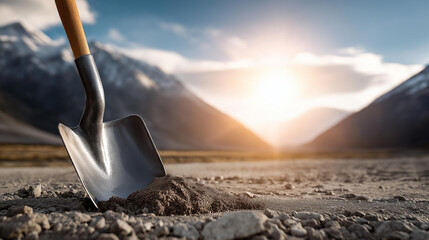 Shovel in action against rocky soil under sun with mountains background, conveying themes of industry resilience and adventure, manual labor tool, challenging terrain work, with co
