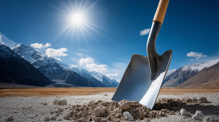 Shovel in action against rocky soil under sun with mountains background, conveying themes of industry resilience and adventure, manual labor tool, challenging terrain work, with co