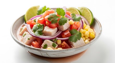 Fresh Peruvian Ceviche with Fish Corn and Lime.